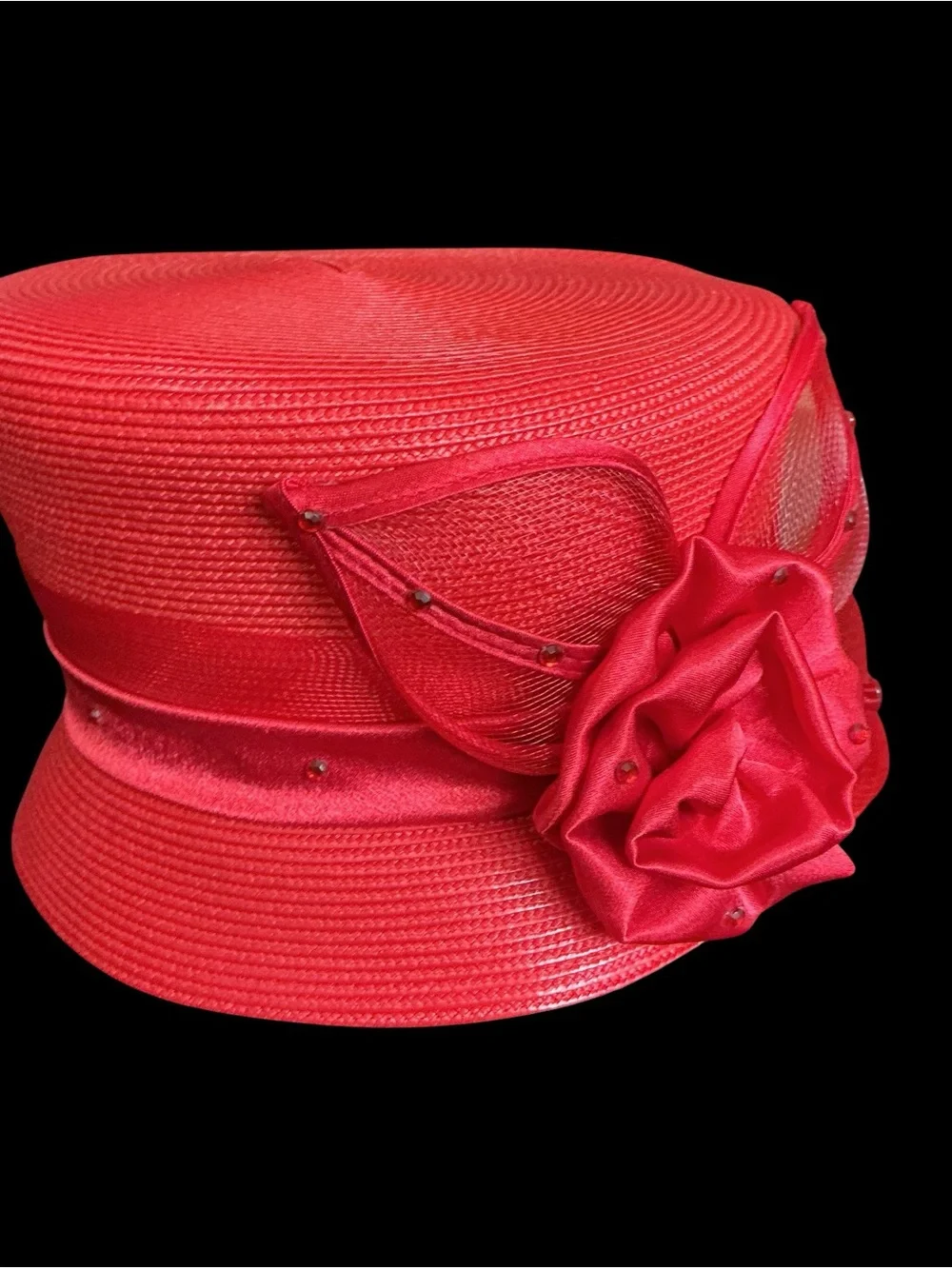 Women's New York Red Straw Hat with Satin Flower, Derby Hat, Sunday Best